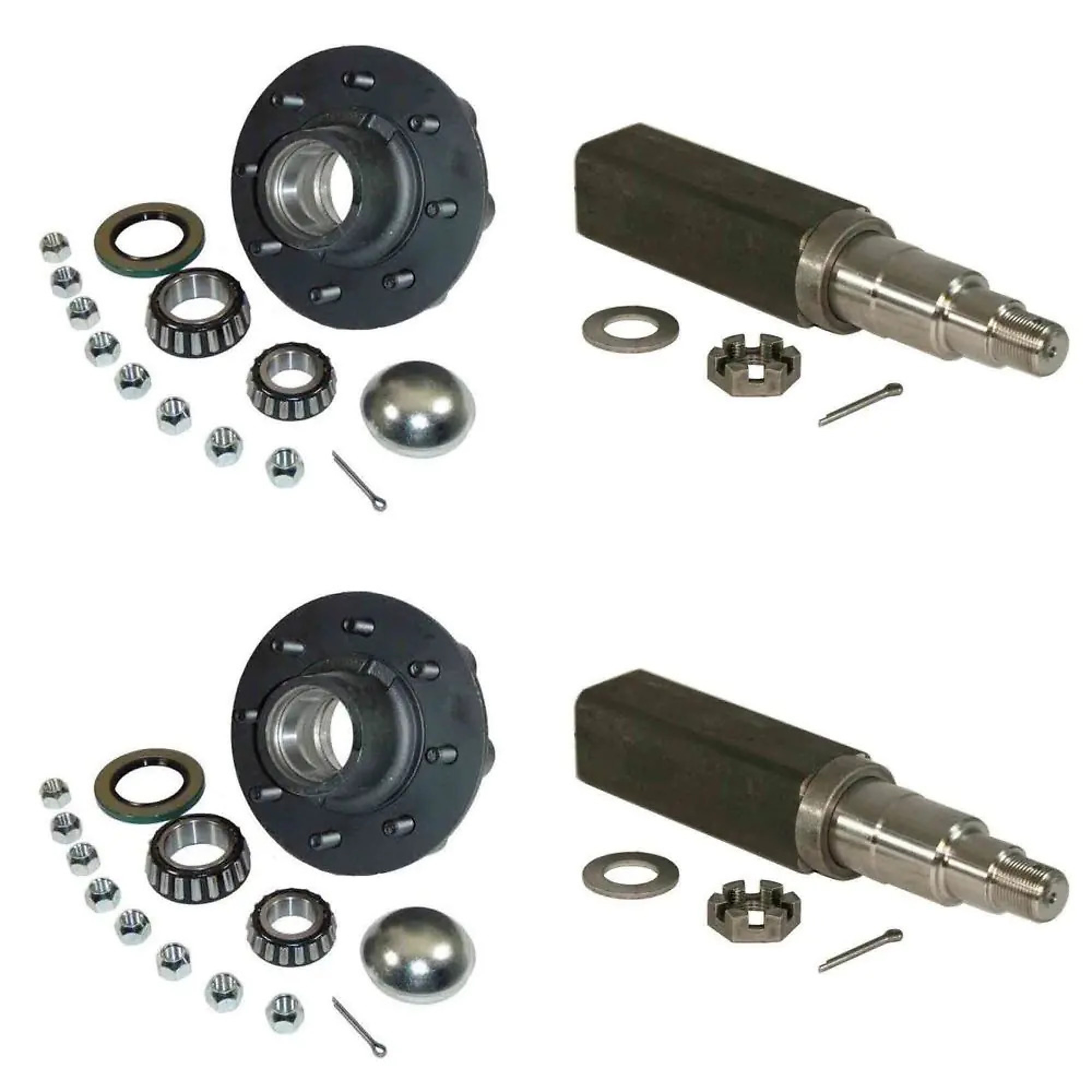 Rigid Hitch, Pair of 8-Lug Hub/Square Spindle End Units, 8-Bolt on 6-1/2 inch Circle, 1-3/4 Inch to 1-1/4 Inch Tapered Spindles, 3000lb Capacity Per Hub, Model# AKSQ-6000825